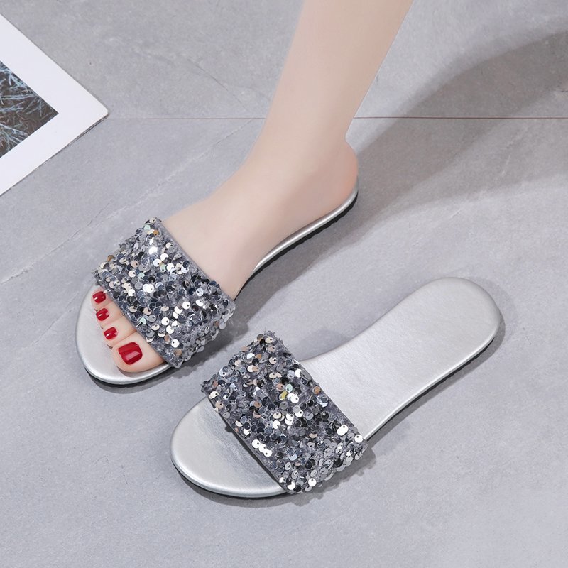 Women's Sequined Flat Slippers Plus Size Outer Wear Beach Sandals