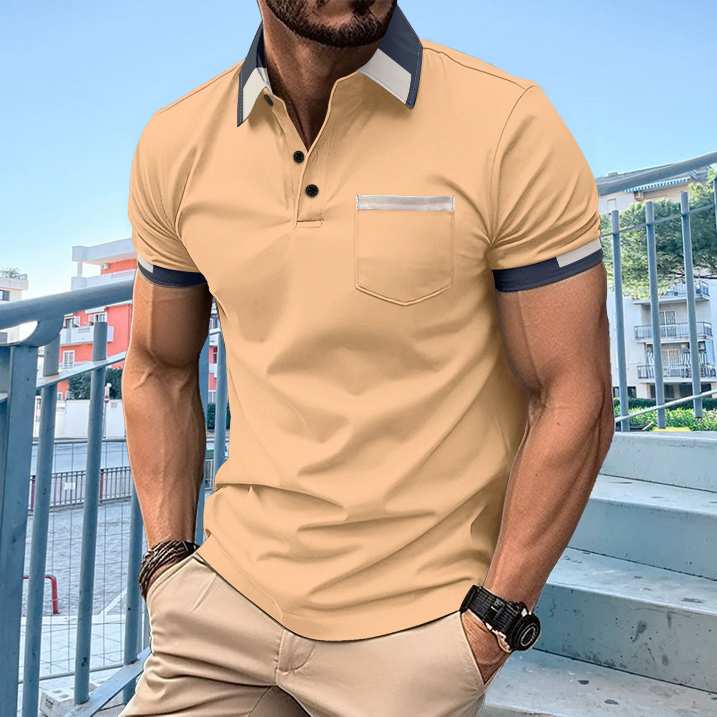 Chest Pocket V-neck Button Stripes