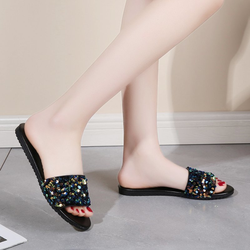 Women's Sequined Flat Slippers Plus Size Outer Wear Beach Sandals