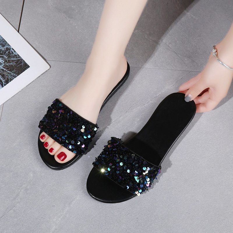 Women's Sequined Flat Slippers Plus Size Outer Wear Beach Sandals