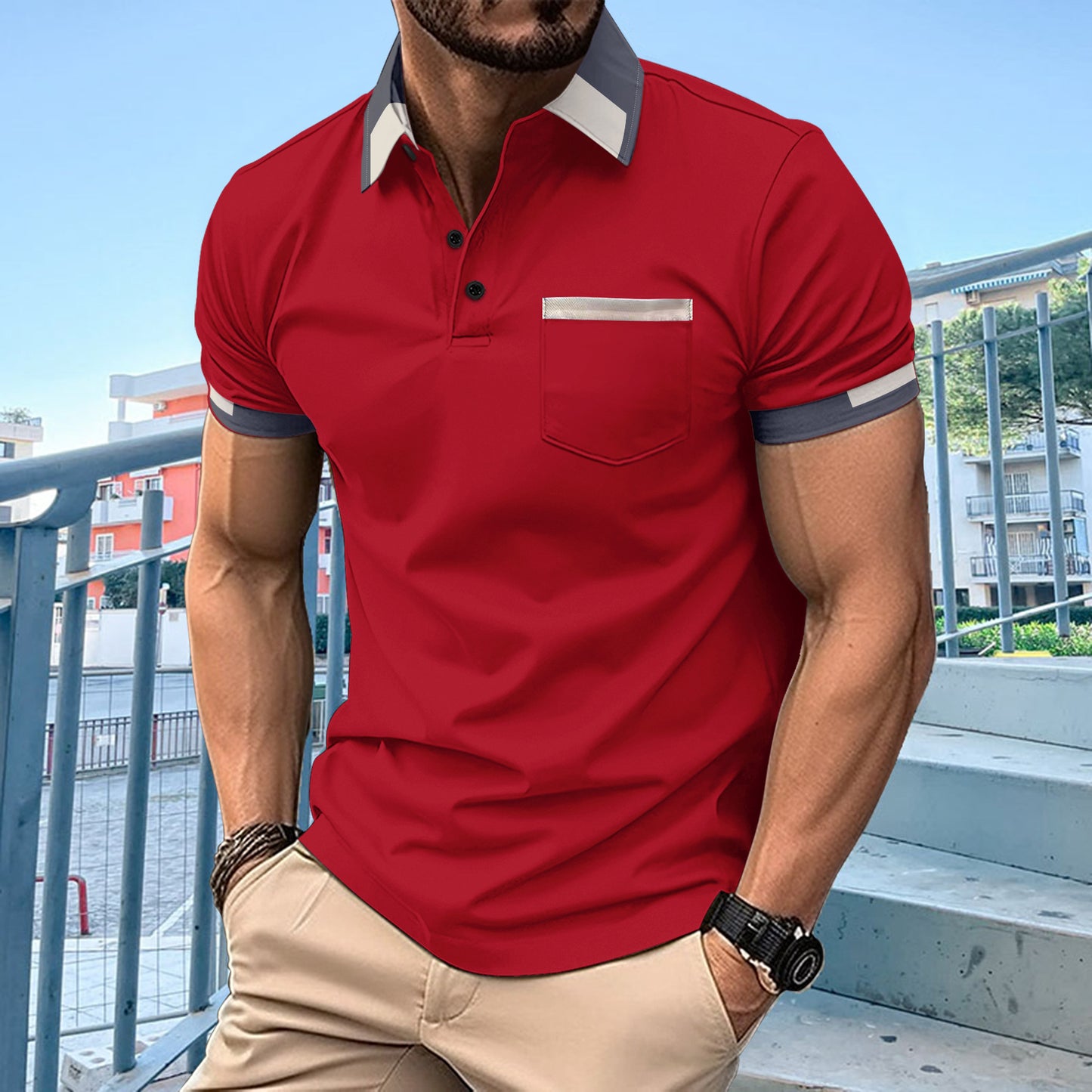 Chest Pocket V-neck Button Stripes