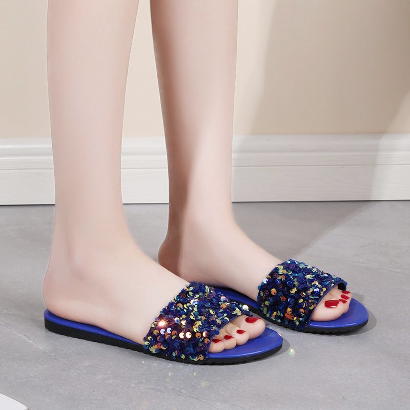 Women's Sequined Flat Slippers Plus Size Outer Wear Beach Sandals