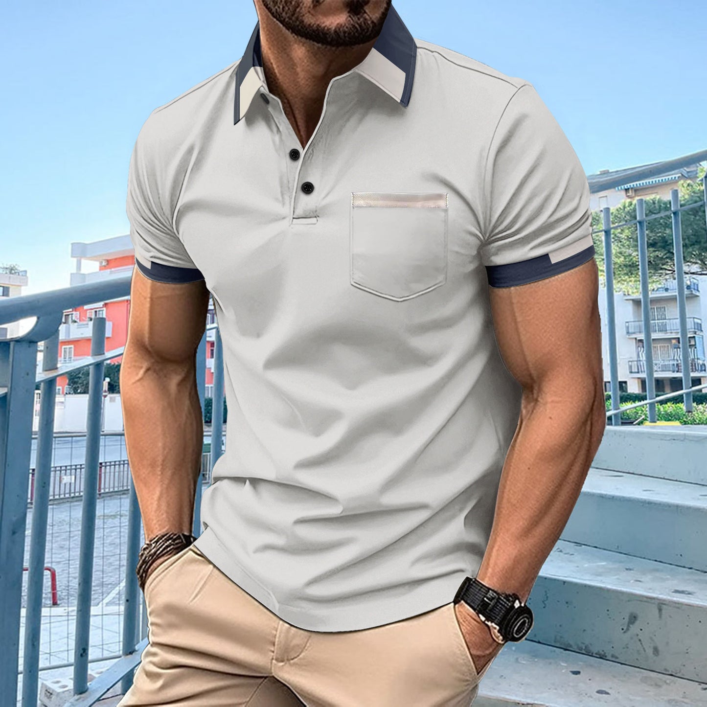 Chest Pocket V-neck Button Stripes