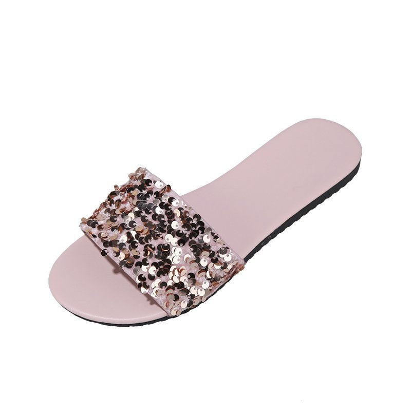 Women's Sequined Flat Slippers Plus Size Outer Wear Beach Sandals